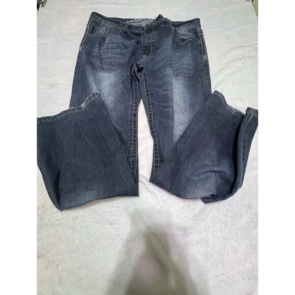 Mens Isaiah Jeans Dark Stone Wash Whiskers Size 40 L Regular Bootcut Christian - Picture 2 of 11